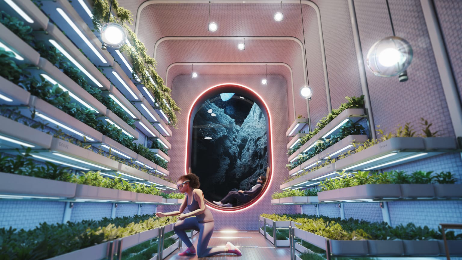 Rendering of a station interior with plant walls and a large window