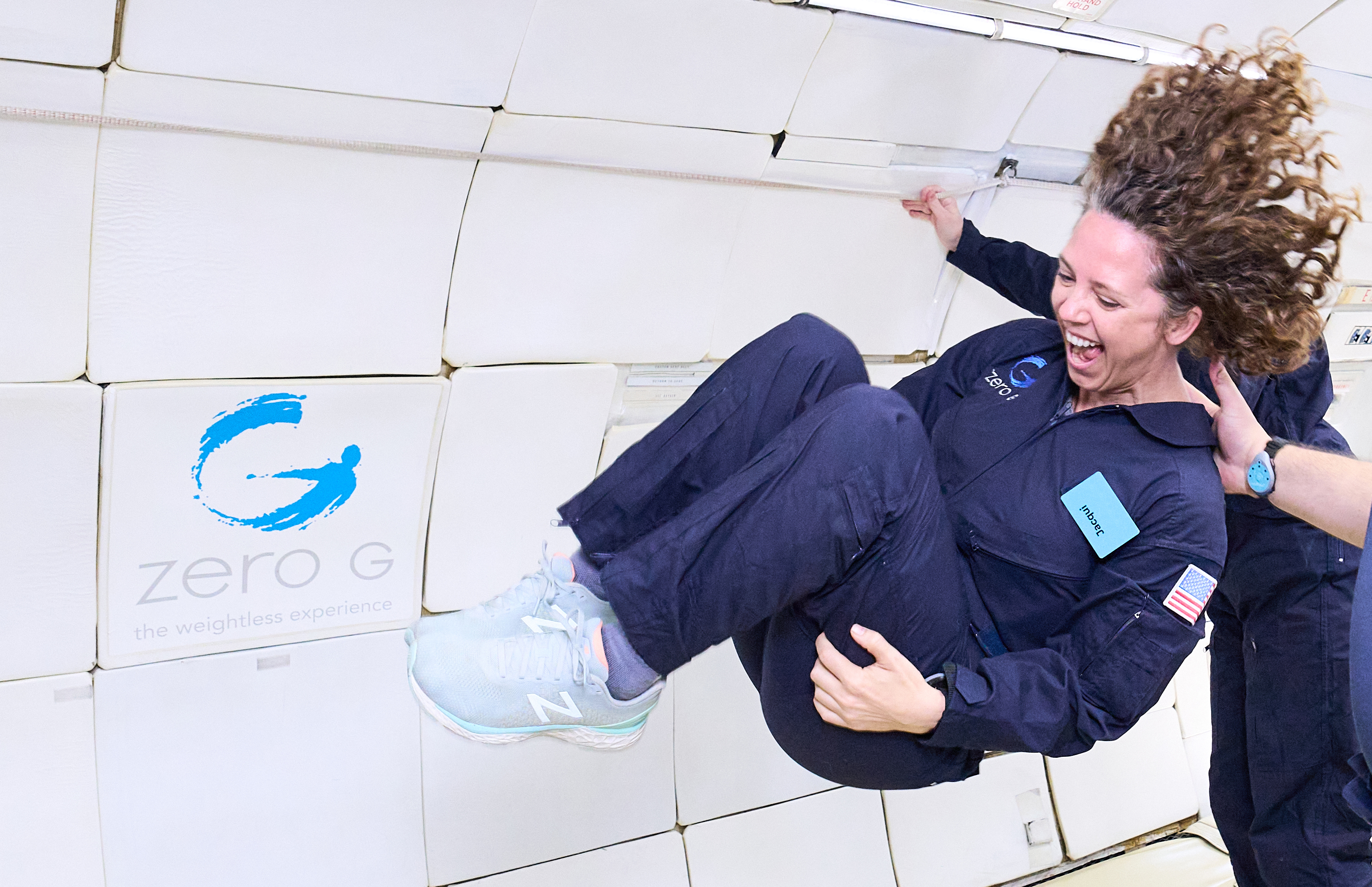 Jacqui floating during a zero-gravity flight