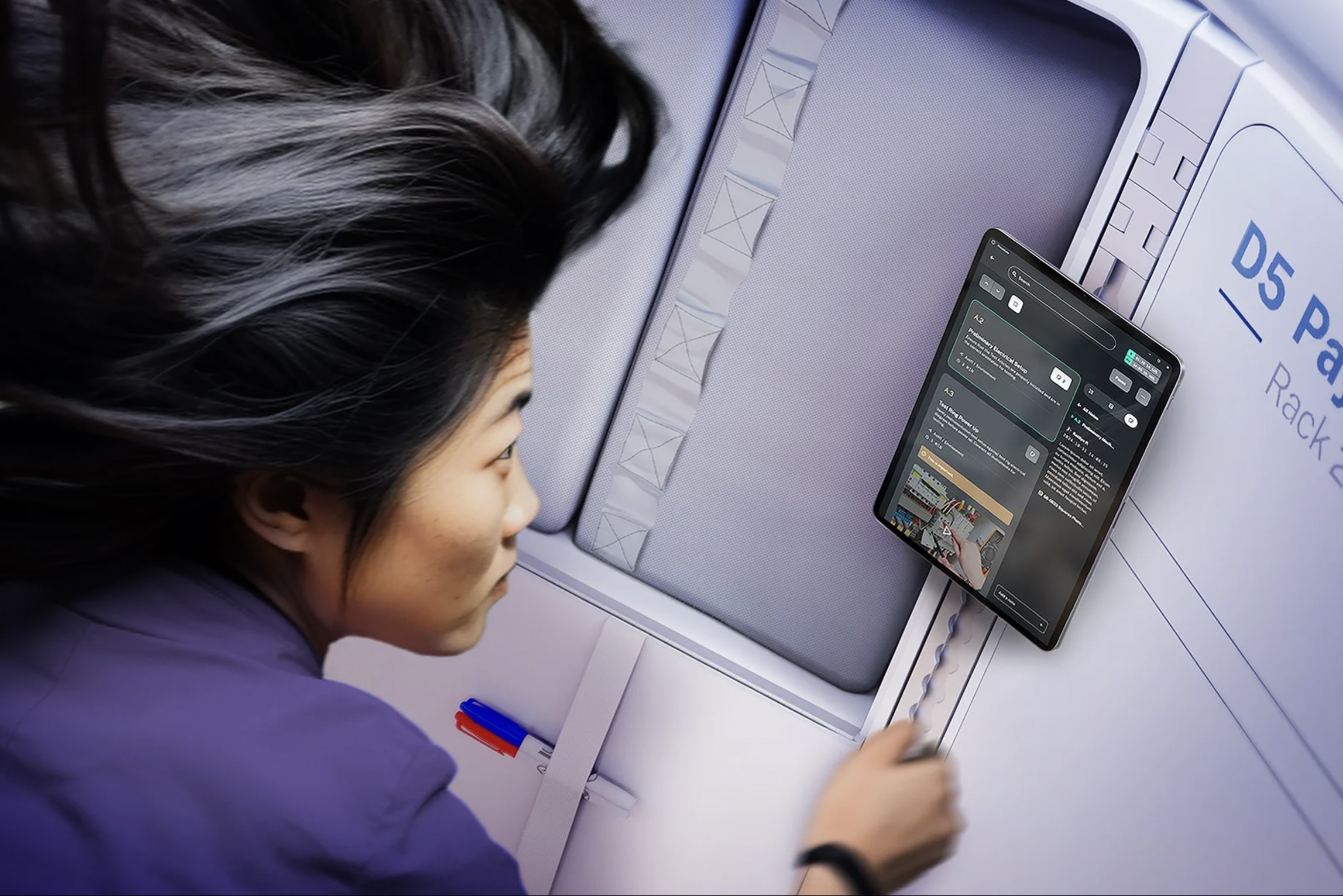 Crew member using a tablet mounted in a space station interior
